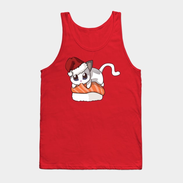 White Cat Salmon Sushi Christmas Tank Top by Myanko